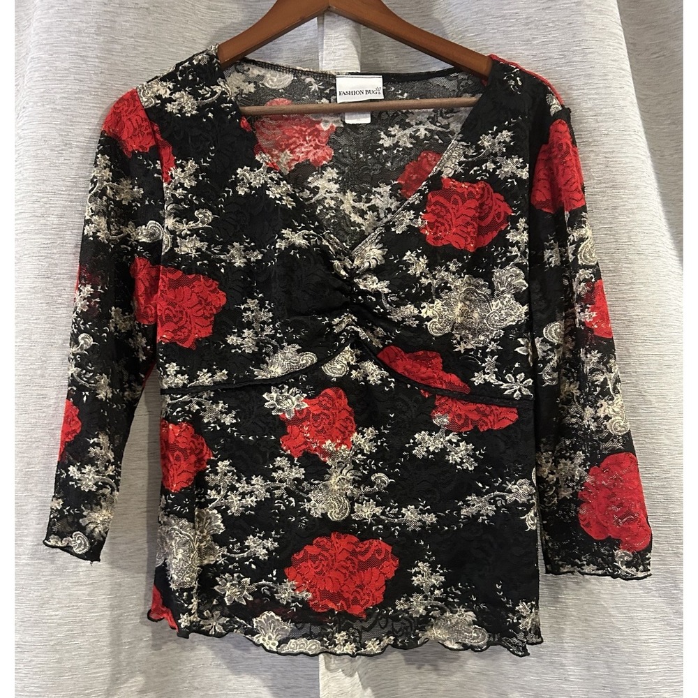 Y2K Black Red Floral Rose‎ Lace Babydoll Shirt Fashion Bug Size XL